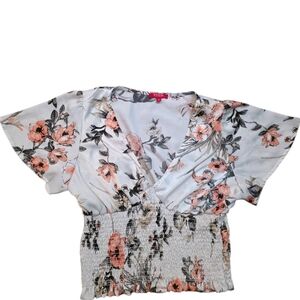Guess Floral Smocked Deep V- neck Blouse with Flutter Sleeves- XL